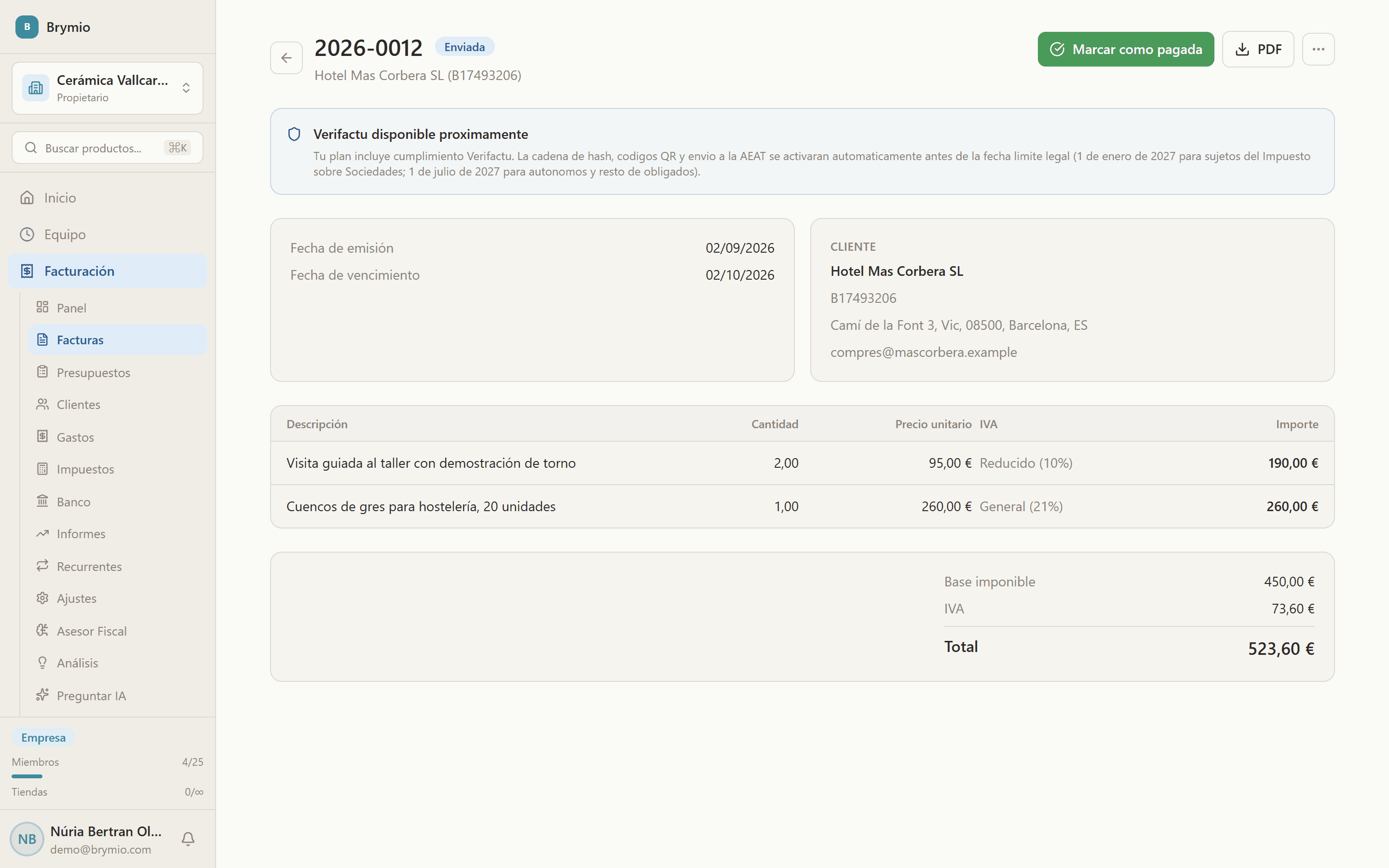 An issued invoice in the Invoicing module, with its lines and taxes