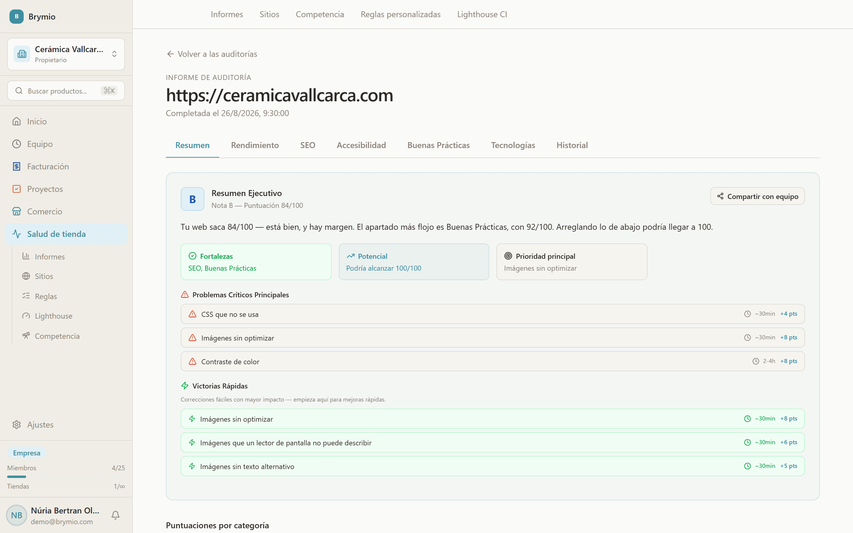 Store health report with the scores and the issues found